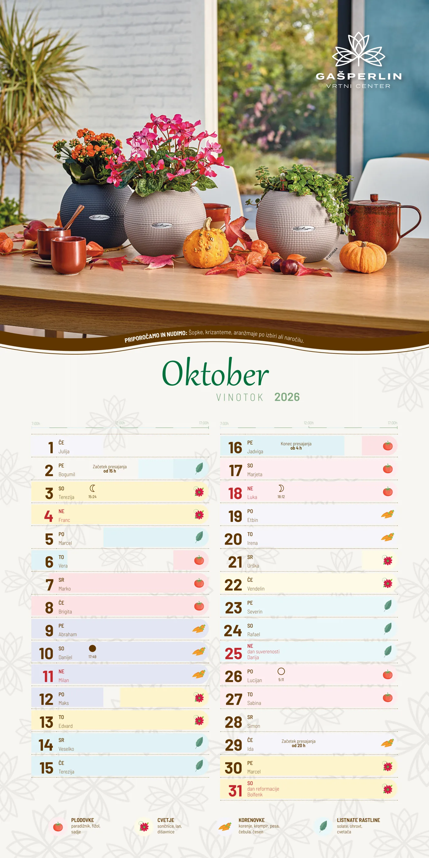 Koledar opravil za oktober 2026 – Vrtni center Gašperlin